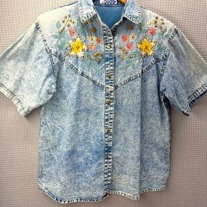 Vtg Pretty Bleu 80's 90's Denim Acid Wash Bedazzled Floral Button Women Top Med